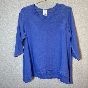 Match Point USA Oversized Linen Blue V Neck 3/4 Sleeve Lagenlook Tunic Top